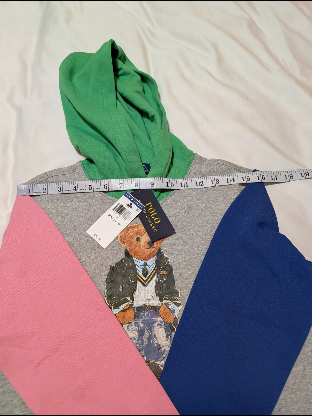 Polo Ralph Lauren Boy's Hoodie - Grey Body with Pink & Blue Sleeves, Green Hood